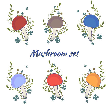 Set with colored mushrooms. Beautiful single multi-colored mushrooms on a white background.のイラスト素材