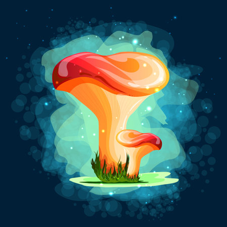 Mushrooms. Milk mushrooms. Magic drawings with mushrooms. Against a dark background with uman and fire flashers. A beautiful, mysterious sticker. Modern colors and lines. For print and web pages.のイラスト素材