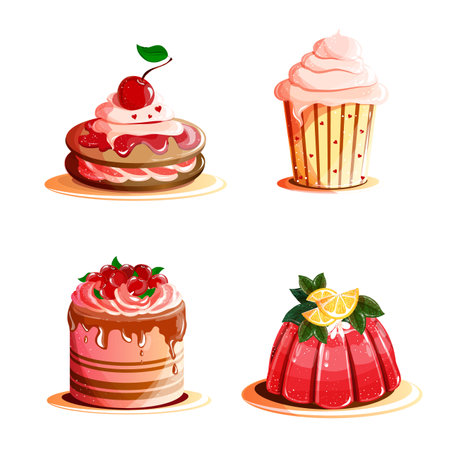 A set of sweet creamy dessert pastries with cherries and chocolate, delicious pastries. Isolated confectionery. Vector birthday cakes, frosting flavorings decorations set.のイラスト素材