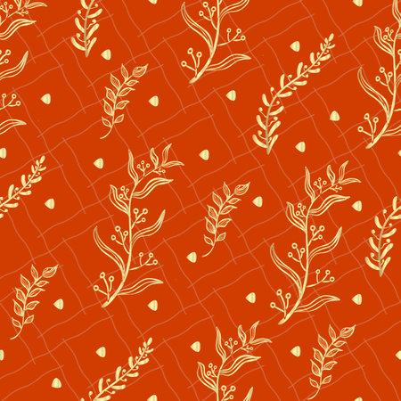 Golden seamless pattern. Orange background with golden branches. Children textureのイラスト素材