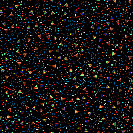 Small seamless patterns of geometric details. Triangles, zigzags, circles and points. Black background.のイラスト素材