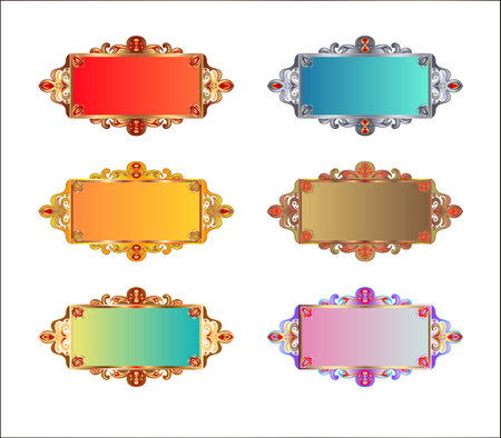 Gold frame. Colored gradients. Ornate with gold set of beautiful frames. On white background. For print and web pages.のイラスト素材