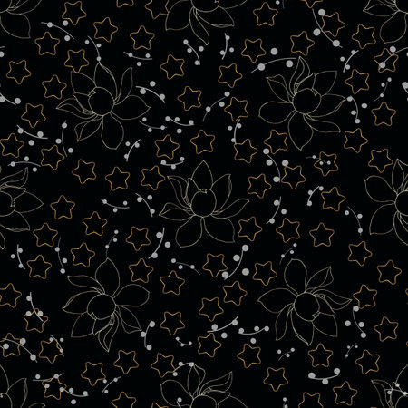 Gold seamless hand drawing. Floral background with gold lotuses and stars on a dark background. Baby texture.のイラスト素材