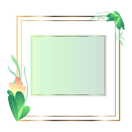 Gold frame. Wedding invitation card templates, geometric herbal design. Flowers of a fashionable shape. Grass and flowers in a modern style.のイラスト素材