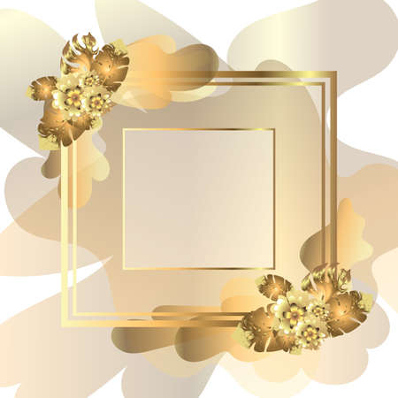 Gold frame with beautiful gold flowers in the corners. Abstract stains of gold and gray colors on the background. Gold line. Vector illustration. Perfect design for header.のイラスト素材