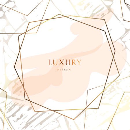 Gold frame. With geometric lines. Watercolor wedding invitation card with rose gold vein texture. Pastel pink brush strokes and gold outline geometric frame.のイラスト素材