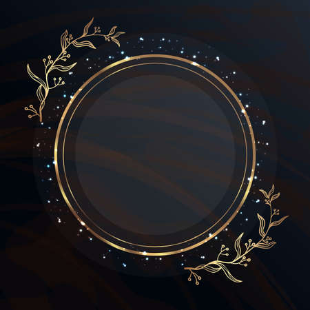 Gold frame. A circle in golden branches on a dark gray background. Glowing sparks and dots. Place for text. for web and printのイラスト素材