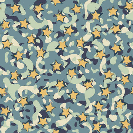 Pattern for boys. Pattern with abstract spots and stars. Protective color pattern. Khaki, blue and gray colors.のイラスト素材