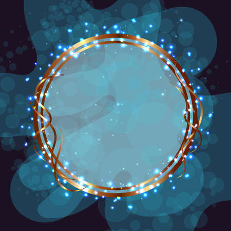 Gold frame. Circle in gold beautiful thin lines on a dark blue background. Glowing sparks and dots. Place for text.のイラスト素材