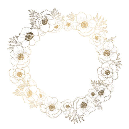 Plants line gold. Anemone on a white background. Wreath of flowers. Watercolor wedding invitation card. Vector graphics.のイラスト素材