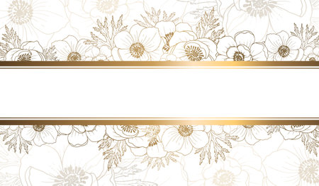 Plants line gold. The frame is shiny. Place for your text. Intertwining branches and leaves of anemone on a light beautiful background.のイラスト素材
