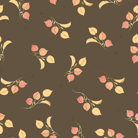 Childrens pattern. Beautiful leaves seamless pattern with golden lines. Beige and orange. For tablecloths, wallpapers and so on. Gold leaf texture. Illustration with bright leavesのイラスト素材