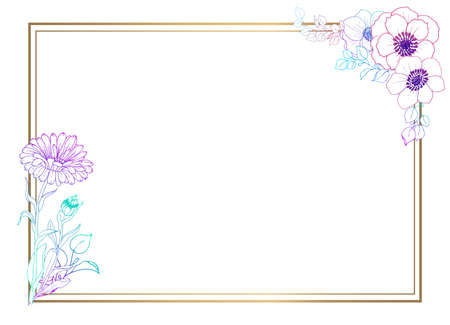Plants line gold. White background. Flowers in a thin line, gradient color. Vector postcard, background. Pastel shades.のイラスト素材