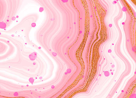 Gold pink marble design. A beautiful combination of pink, blue marble and gold stripes and pink spots. For print and web.のイラスト素材