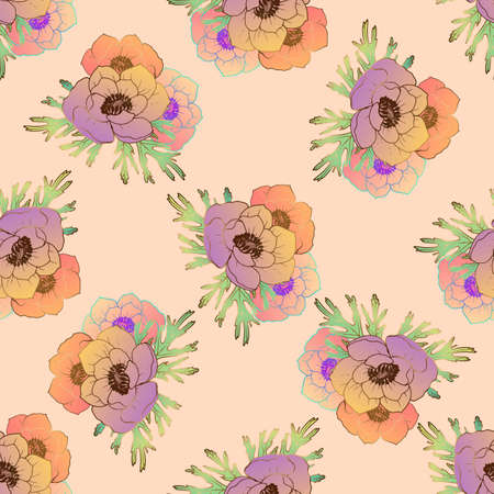 Childrens pattern. Beautiful leaves seamless pattern with golden lines. Beige and orange. For tablecloths, wallpapers and so on. Illustration with bright leaves, branches and flowers.のイラスト素材