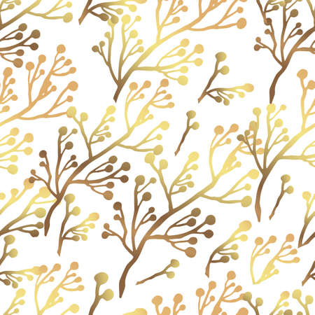 Gold flowers pattern. Seamless background with golden branches. White background. Vector graphics. For print and web pages.のイラスト素材