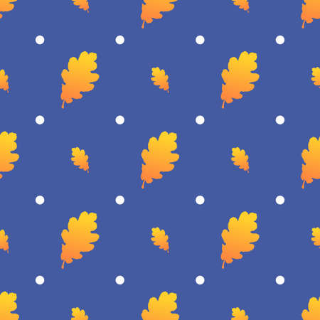 Seamless blue background with orange leaves. Vector illustration. Beautiful bright pattern. Oak leaves and white dots.のイラスト素材