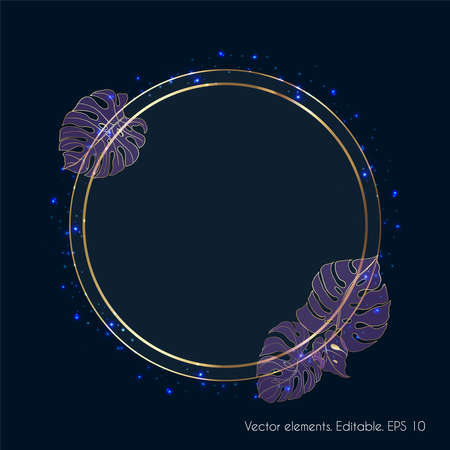 Gold frame. A circle in gold castings of fitters. On a dark gray background. Glowing sparks and dots.のイラスト素材