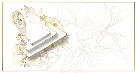 Gold frame. 3D paper cut. Leaves and flowers from golden threads. Three-cornered volumetric frame with summer flowers in vintage style. Vector illustration.のイラスト素材