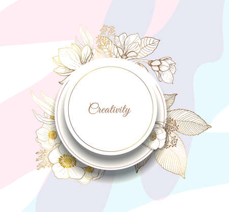 Gold frame. 3D paper cut. Leaves and flowers from golden threads. Original frame with summer flowers in vintage style. Vector illustration.のイラスト素材