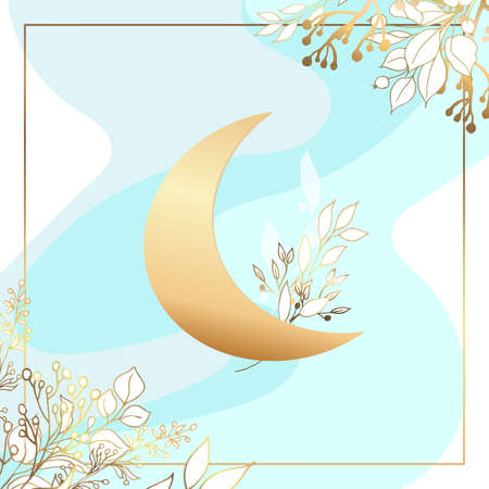 Golden moon. Leaves of gold. Delicate blue background.のイラスト素材