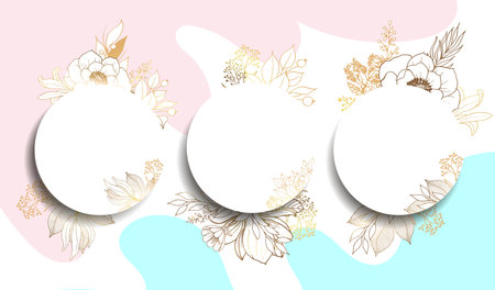 Plants line gold. 3D paper cutout. Leaves and flowers from golden threads. Round three frames with summer flowers in vintage style. Vector illustration.のイラスト素材