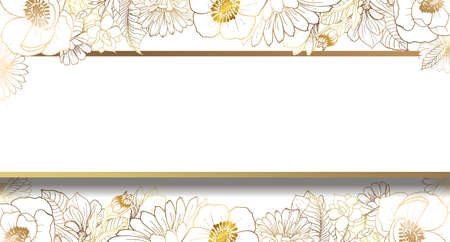 Plants line gold. The frame is shiny horizontal. Place for your text. Leaves on a light beautiful background. The background color is white.のイラスト素材