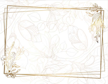 Plants line gold. Luxurious golden nature. White background. Flowers in a thin line. Light pastel colors. Vector abstract background.のイラスト素材