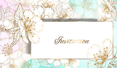 Gold frame. Leaves and flowers from golden threads. Square frame with summer cherry flowers in vintage style. Vector illustration. Place for an inscription. 3d effectのイラスト素材