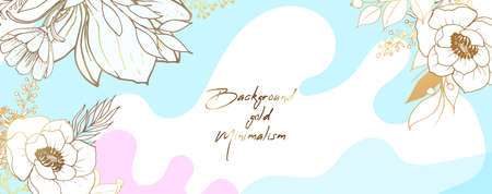 Plants line gold. Beautiful blue with pink background. The illustration can be used in newsletters, brochures, postcards, ticketsのイラスト素材