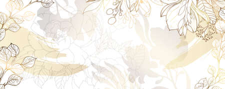 Luxurious golden wallpaper. White background. Gold leaves wall art with shiny golden light texture. Modern art mural wallpaper.のイラスト素材