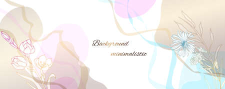 Plants line gold. Minimal background in blue and pink colors, flowers and twigs. Watercolor stains.のイラスト素材