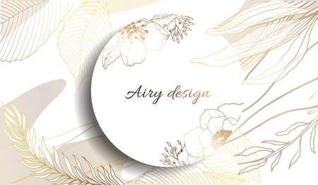 Gold frame. 3D paper cutout. Leaves and flowers from golden threads. Round frame with summer flowers in vintage style. Vector illustration.のイラスト素材