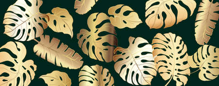 Luxury golden leaves vector wallpaper. Golden monstera plant with split leaves and lines, green emerald background.のイラスト素材