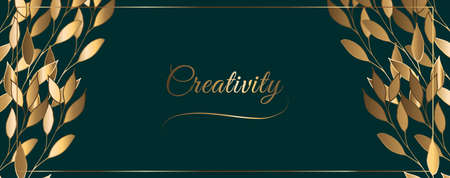 Luxury golden leaves vector wallpaper. Gold plant with leaves, green emerald background.のイラスト素材