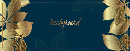 Luxury golden leaves vector wallpaper. Golden chestnut leaves and green emerald background. Vector illustration. Place for your text.のイラスト素材