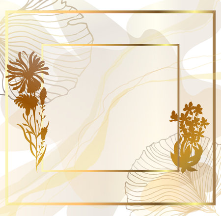 Gold frame with a beautiful spot on a white background. Abstract foil of gold color on the background. Gold threads. Vector illustration.のイラスト素材