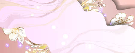 Plants line gold. 3D paper cutout. Leaves and flowers from golden threads. Original banner with summer flowers in a fresh style. Pink background.のイラスト素材