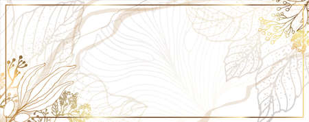 Luxurious golden wallpaper. Banner with flowers. Watercolor stains. Gold leaves wall art with shiny light texture. Modern art mural wallpaper. Vector illustration.のイラスト素材