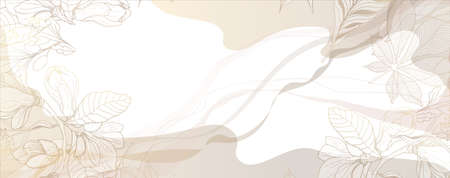 Luxurious golden light wallpaper. Banner with flowers. White background. Watercolor stains. Gold leaves wall art with shiny light texture. Modern art mural wallpaper.のイラスト素材