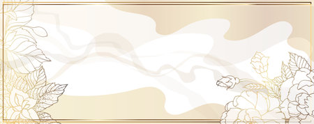 Luxurious golden wallpaper. Banner with flowers. Watercolor stains. Gold leaves wall art with shiny light texture. Modern art mural wallpaper. Vector illustration.のイラスト素材