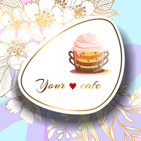 Gold frame. Offer banner vectors. Plants line gold. 3D paper cutout. Signboard with a cup for a cafe. Bright background.のイラスト素材
