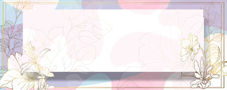 Luxurious golden wallpaper. Banner with flowers. Pink-blue background. Gold leaves wall art with shiny light texture. Vector illustration.のイラスト素材