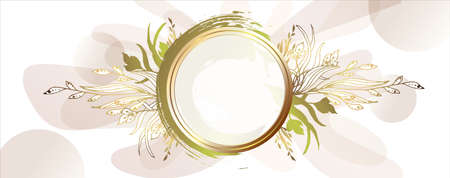 Gold round frame. 3D paper cutout. Leaves and flowers from golden threads. Pastel colors, pink and blue background. Modern neutral design for poster, postcard. Vector illustration. Place for an inscription.のイラスト素材