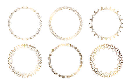Gold frame round. Openwork floral ornament. Geometric set with gold pattern. Vector. White background.のイラスト素材