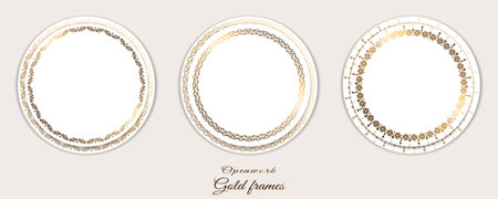 Set golden round frames. On white background. Collection of vector templates. Modern style. Vintage shiny illustrations.のイラスト素材