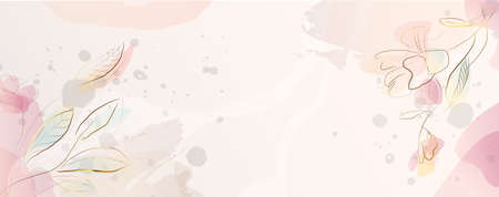 Luxurious golden wallpaper. Pink background. Gold leaves wall art with shiny golden light texture. Modern art mural wallpaper with watercolor stains. Vectorのイラスト素材