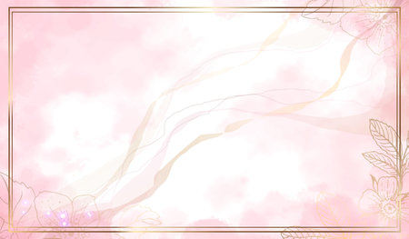 Luxurious gold frame with flowers. Watercolor background and spots of pink paint. Gold leaves wall art with shiny light texture. Modern art mural wallpaper. Vectorのイラスト素材