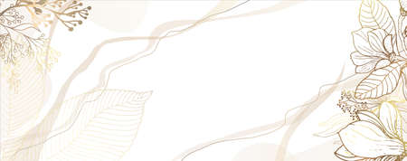 Luxurious golden wallpaper. White background and beautiful stripes and spots. Gold leaves wall art with shiny light texture. Modern art mural wallpaper. Vector illustration.のイラスト素材