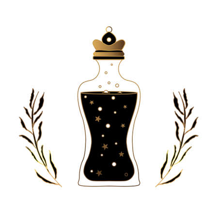 Potion bottles. Poison and love potion. Stars and bubbles. Mysticism and esotericism. Vectorのイラスト素材